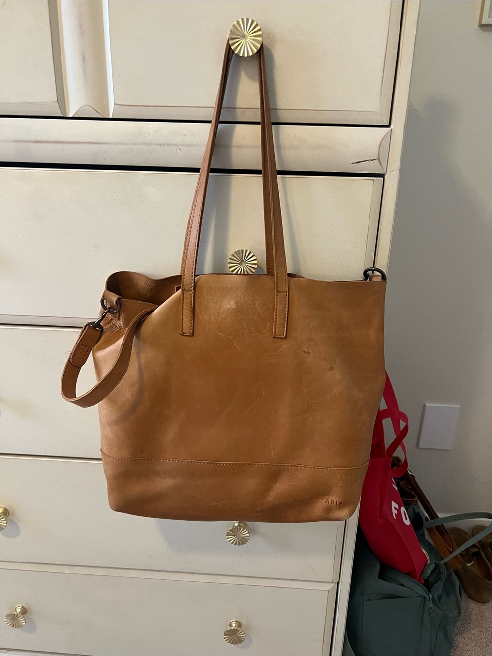 Able Cognac Leather Tote with Shoulder Straps